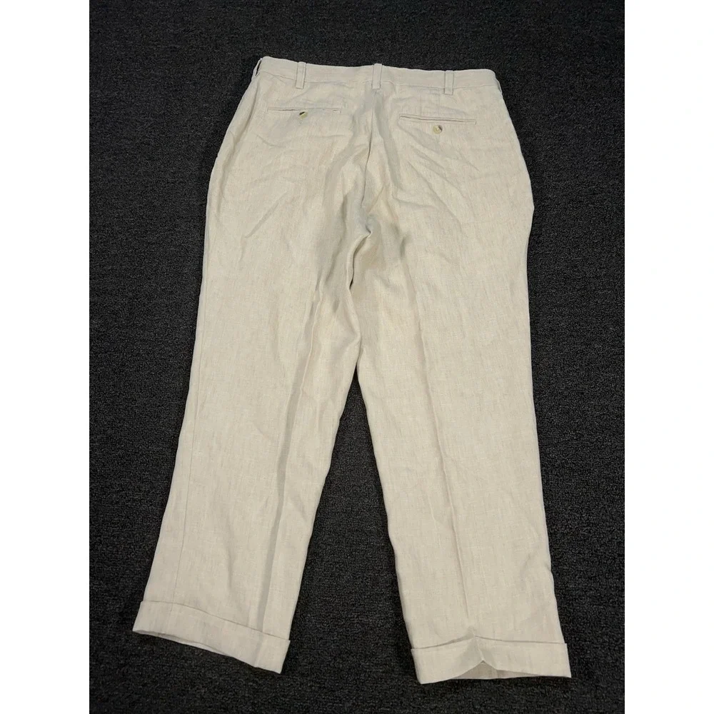Jos A Bank Dress Pants Men's 36x26‎ Beige 100% Linen Pleated Cuffed Preppy